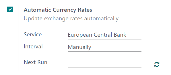 Como o recurso de moeda principal aparece na página de configurações no Odoo Financeiro.