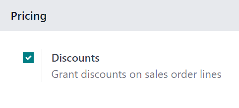 Ativação da opção de desconto no Odoo Vendas.