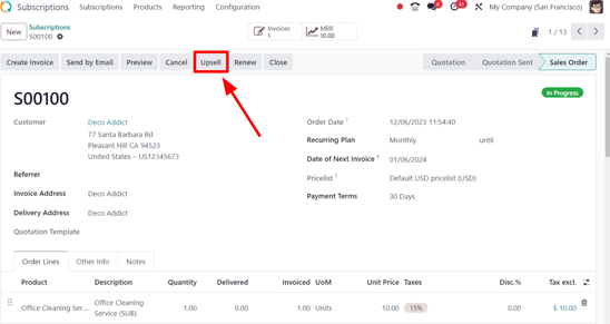 Botão Upsell para pedidos de venda de assinaturas com o Odoo Assinaturas.