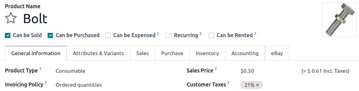 Odoo completează automat câmpul Taxe conform Taxelor implicite