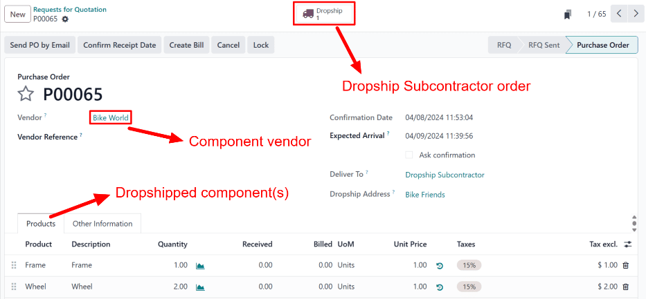 O OP de furnizor pentru componentele unui produs *Dropship Subcontractor on Order*, cu a Buton inteligent Dropship din partea de sus a paginii.