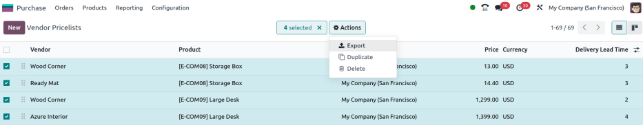 Show selected exported fields, with the Export button visible.