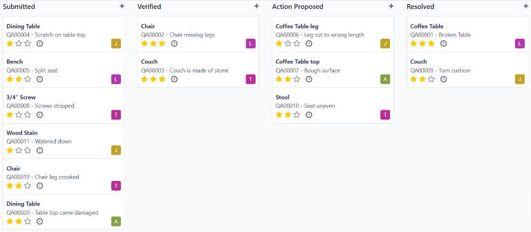 Pagina Alerte de calitate, care afișează alerte într-o vizualizare Kanban.