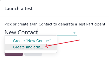 Introducerea unui contact nou direct din lansarea unei ferestre pop-up de testare în Odoo.