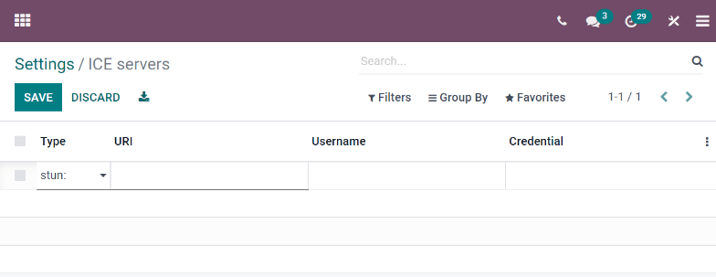 Pagina "ICE servers" în Odoo.