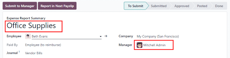 How an Expense Report Summary looks in Odoo Expenses.