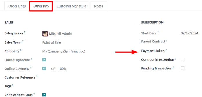 Câmpul Indicativ de plată din fila Alte informații dintr-un formular de comandă de vânzare cu abonament.