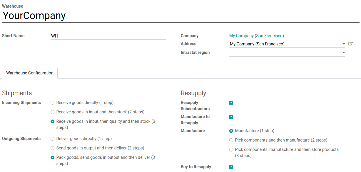 A pre-configured warehouse in Odoo Inventory.