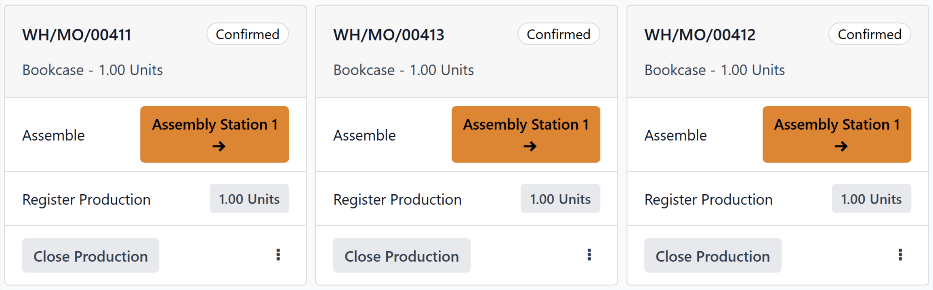 MOs in the Shop Floor module, ordered by their scheduled date.