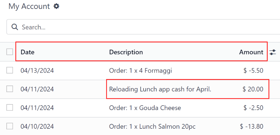 The My Account dashboard with the entry for adding funds to the user's lunch account highlighted.