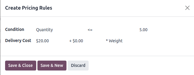 Display window to add a pricing rule. Set a condition and delivery cost.