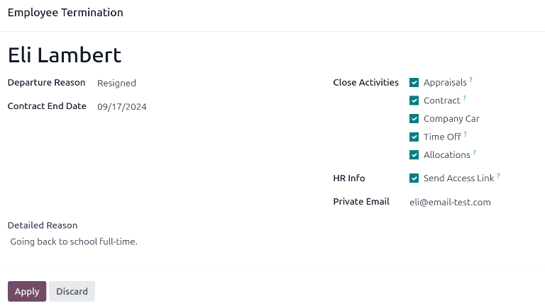 The employee termination form with all fields filled out.