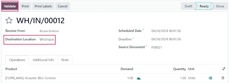 Receipt form for products ordered from vendor.