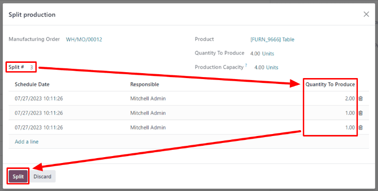 The Split production pop-up window for a manufacturing order.