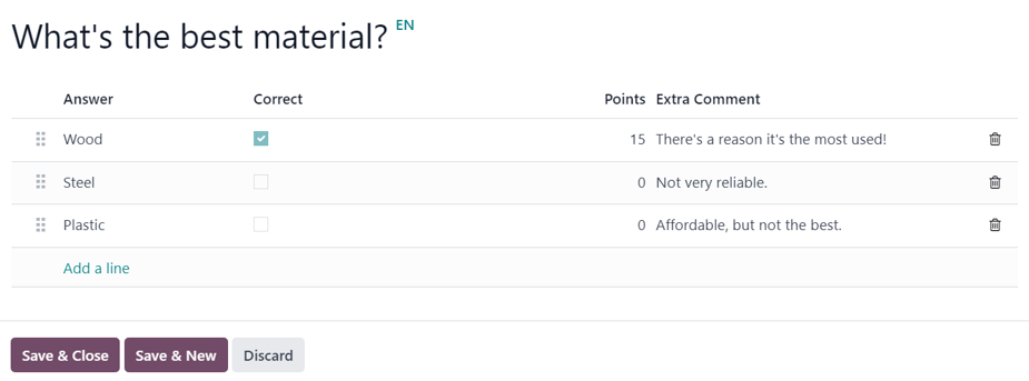 The Create Questions pop-up window on an event-specific track quiz in the Odoo Events app.