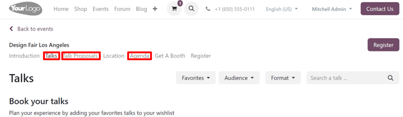 The track-related event submenu options on an event website built with Odoo Events.