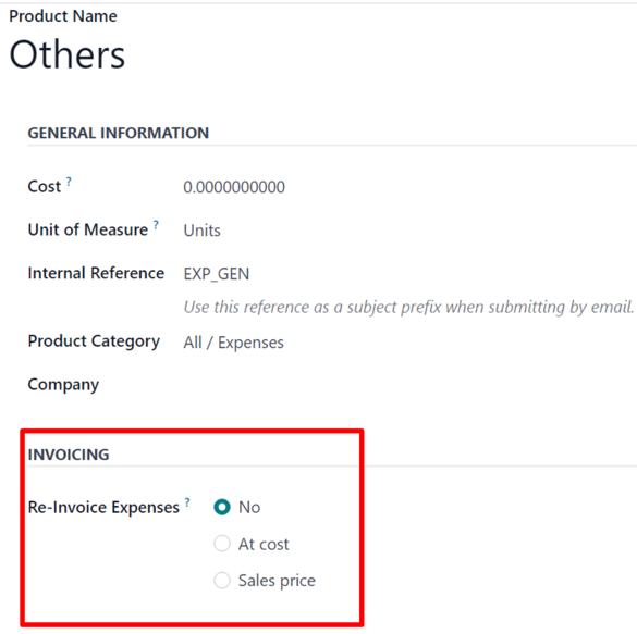 The Re-Invoice Expenses field on an Expense Category form in the Odoo Expenses app.