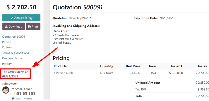 How customers will see deadlines on Odoo Sales.