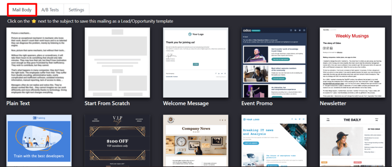 View of the templates in the Mail Body tab in Odoo Email Marketing application.