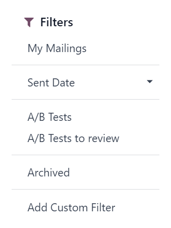 View of filters drop-down menu options on the Odoo Email Marketing dashboard.