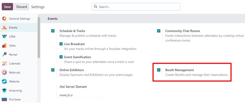 The Booth Management setting in the Odoo Events application.
