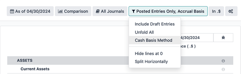 Accounting method filter menu for reports, covering accrual vs. cash basis methods.