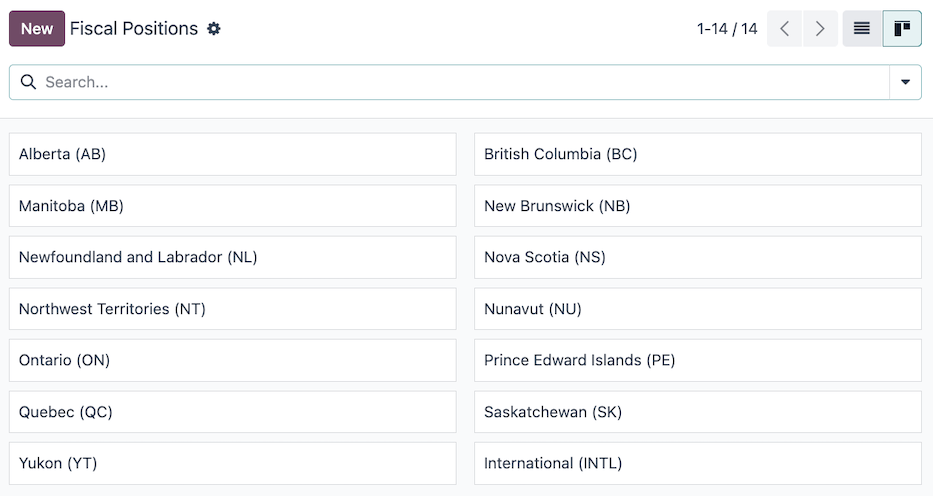 The default fiscal positions for the Canada localization in Odoo Accounting.