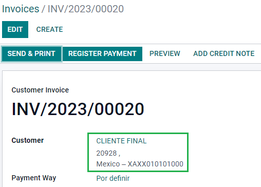 CFDI to Public Customer field configuration.