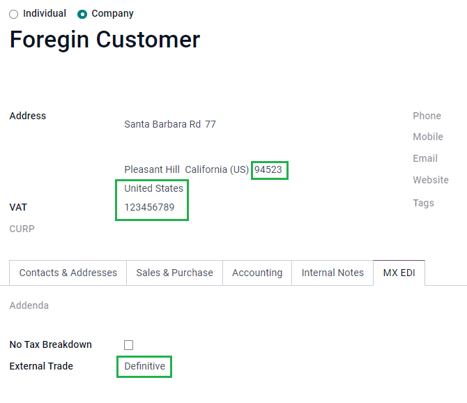 Required external trade customer fields.