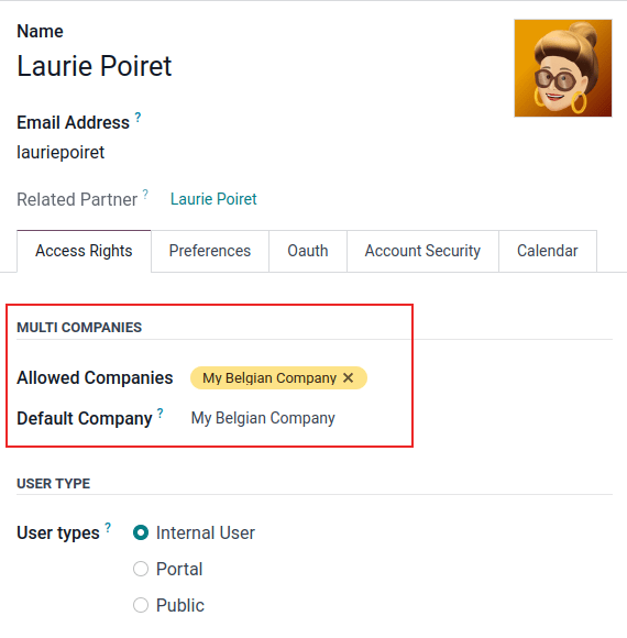 View of a user's form emphasizing the multi companies field in Odoo.