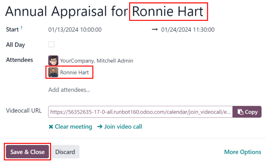 The meeting form with all information entered for Ronnie Hart's annual appraisal.