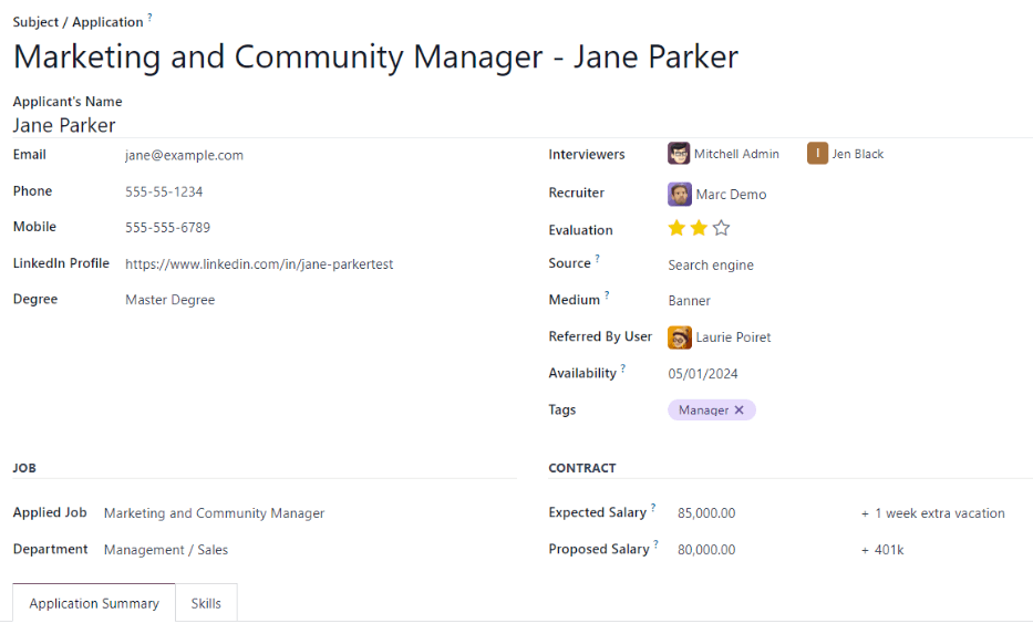 All the fields for a new applicant form entered.