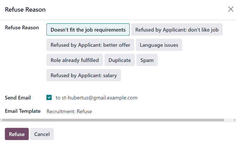 The Refuse Reason pop-up window that appears when refusing an applicant.