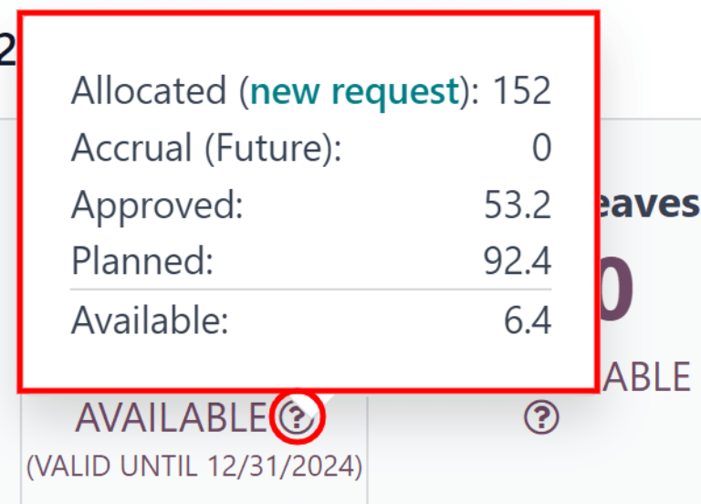 A view of the complete time off balance details in the popover window.