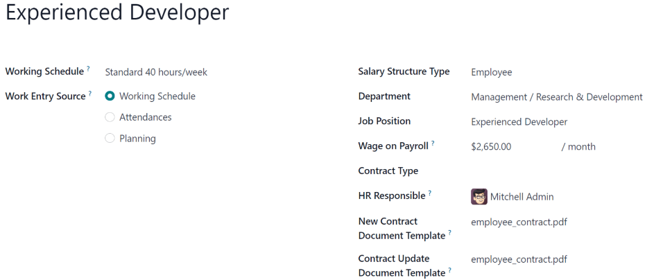 A new contract template form, with the fields filled in.