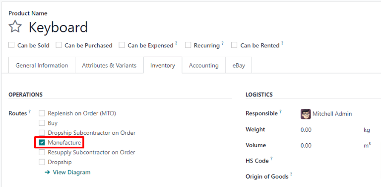 The Manufacturing route on the Inventory tab of a product page.