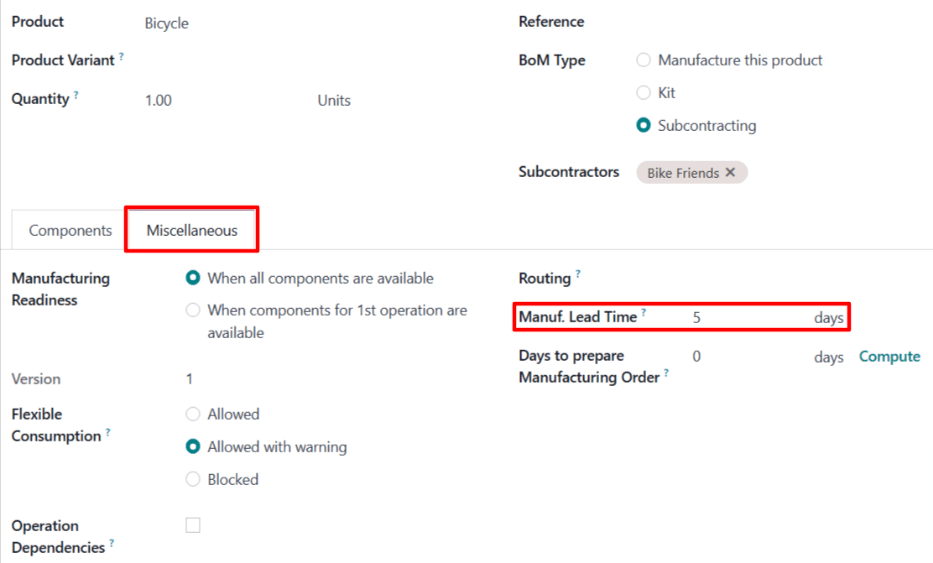 The Manuf. Lead Time field on a product's BoM.