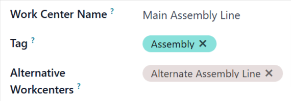 A work center form configured with an alternative work center.