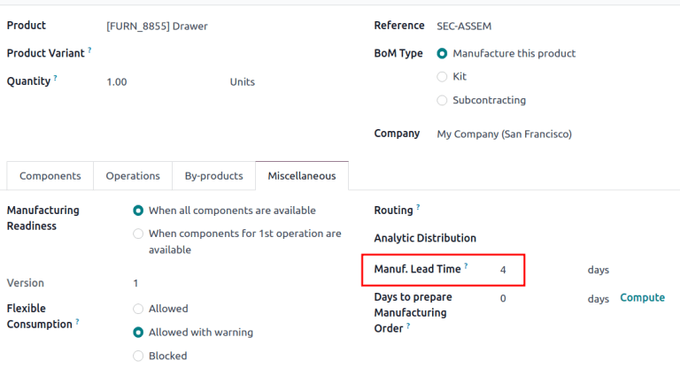 Manuf. Lead Time value specified on a product's Bill of Material form.