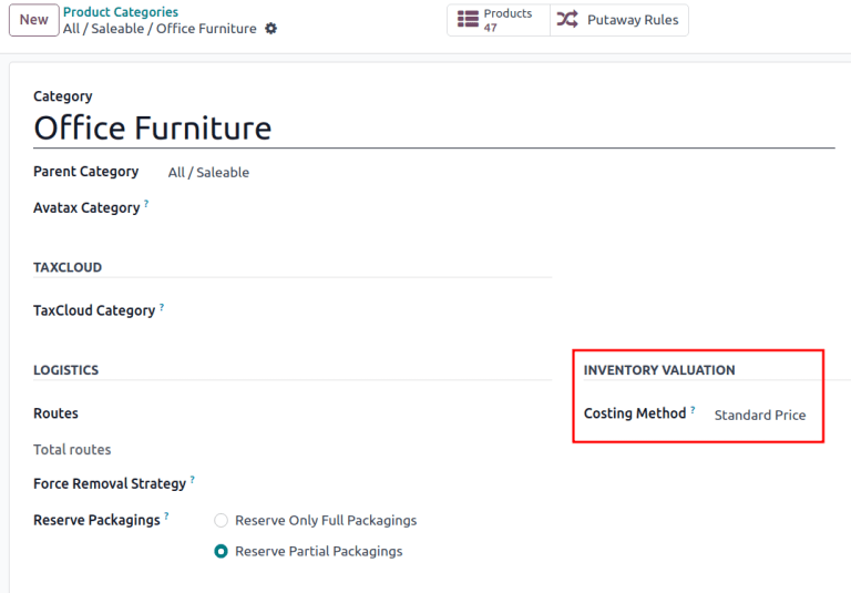 The Costing Method field is located on the Product Categories form.