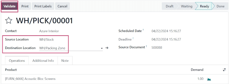 Picking order operation showing source location and destination location.