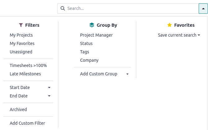 Project model's Search view on the Kanban view