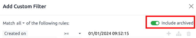 The Add Custom Filter pop-up with emphasis on the Include Archived toggle.