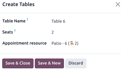 window to create a table in the POS backend