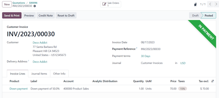 Customer Invoice with a green In Payment banner located in the upper-right corner.