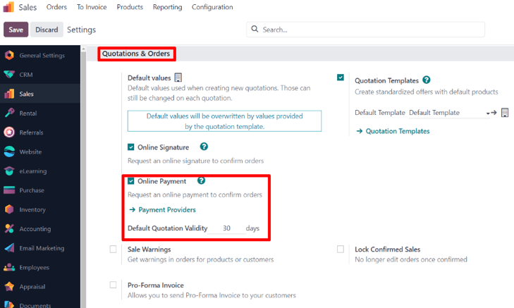 The online payment setting in the Odoo Sales application.