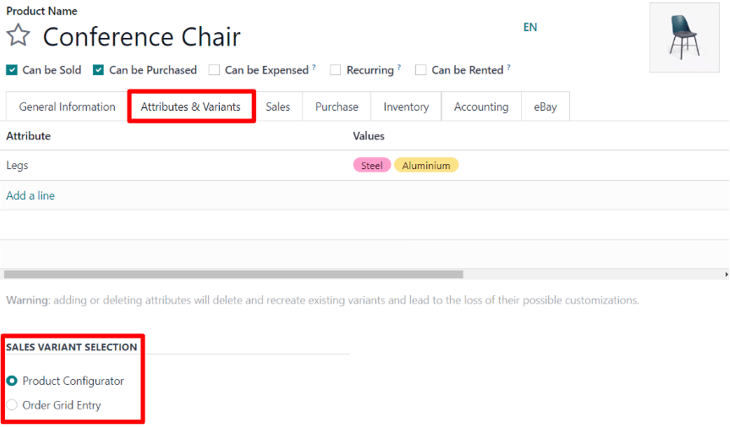 Sales variant selection options on the attributes and variants tab on product form.