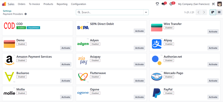 Payment providers page in Odoo Sales.