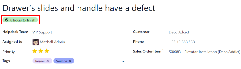 View of a ticket's form emphasizing a satisfied SLA in Odoo Helpdesk.