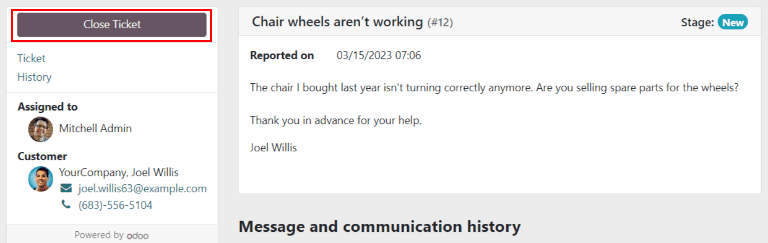 Customer view of ticket closing in Odoo Helpdesk.